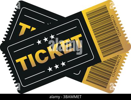 Schwarz-goldene Veranstaltungskarten mit Barcode und Sternen symbolisieren Eintritt, Eintritt und erstklassige Unterhaltung Stock Vektor