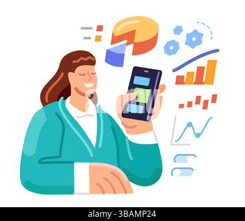 Geschäftsfrau zeigt Geschäftsdiagramme an und verwaltet Finanzen mit dem Smartphone. Online-Datenstatistik, -Analyse und -Verwaltung Stock Vektor