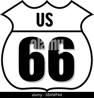 Classic Route 66 Straßenschild in schwarz-weiß mit Schildform, das Reisen, Autobahnen und historische Roadtrips repräsentiert Stock Vektor
