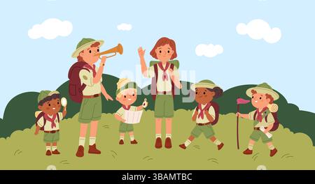 Mentoren und Späher auf der Natur. Orientierungshilfe mit Karte, Überlebensaktivitäten, Camp-Abenteuer, Outdoor-Urlaub, Sommerwandern, uniformierte Kinder, Cartoon Stock Vektor