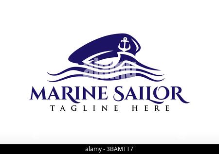 Marine Sailor Logo, Captain Cap Logo, Sea Wave Logo Design, Marine Schiff Kapitän Cap in der Küste, Meereskonzept, Meeresleben im Meer Ozean blau Stock Vektor
