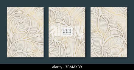 Vektorsatz von Art Deco Gold auf weißen Linien Blätter Muster, abstrakte Luxus Pflanze Cover Design, Fancy Natur Illustration, florales Vintage Motiv Stock Vektor
