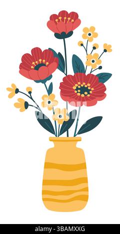 Helle Frühlingsblumen in Vasen. Zeichentrickgrafik-Vektor-Illustration. Stock Vektor