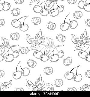 Einfarbiges Beerenmuster. Kirsch. Muster für Menü oder Küche in handgezeichneter Form. Druck für Design, Textil, Stoff, Tapeten, Geschenkpapier, Dekora Stock Vektor