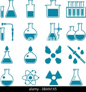 Blaublaues Chemistry Laborgerät – Übersicht – Symbolsatz Stock Vektor