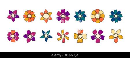 Kollektion handgezeichneter, mehrfarbiger Kopfblumen. Kritzeln Sie skurrile Sommer- und Frühlingspflanzen. Feminines Pflanzenset, perfekt für Mode und Kleidung Stock Vektor