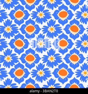 Nahtloses Muster mit blauen Blüten und niedlichen abstrakten Blumen. Kritzeln Sie skurrile Sommer- und Frühlingspflanzen. Femininer, wiederholbarer Hintergrund, perfekt für Mode Stock Vektor