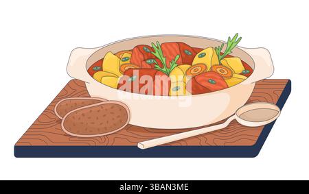 Ungarisches Gulasch serviert mit Brot und Löffel 2D-Vektor-Illustration Stock Vektor