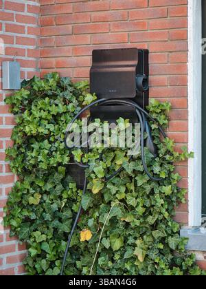 Niederlande: Ladestation für Elektrofahrzeuge, die an einer alten Garagenwand aus Ziegelsteinen montiert ist, mit blauem Kabel, das die lokale EV-Infrastruktur in einem niederländischen Histo zeigt Stockfoto