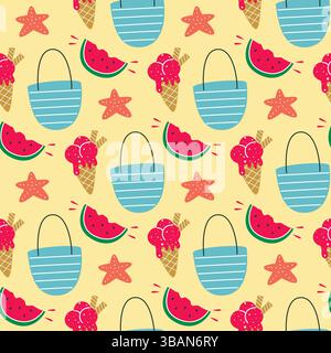 Helles nahtloses Sommermuster zum Thema Strandurlaub. Eis und saftige Wassermelone auf Sandgrund. Farbenfroher Sommerferien-Druck, Vektor Stock Vektor