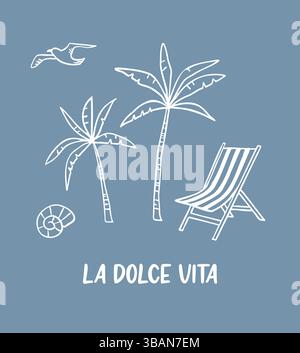 Handzeichnung Sommer-Doodles-Kollektion. Palme, Eis, Obst. Zeichenstil mit Buntstift, italienisch la dolce vita. Vektorabbildung Stock Vektor