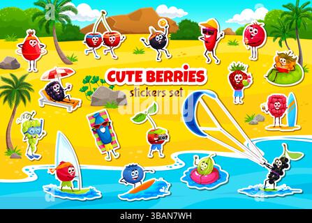 Cartoon Beeren Aufkleber mit süßen Früchten für Sommerurlaub am Strand. Vektor glückliche Kirsche, Erdbeere, Preiselbeere und Himbeere, Honigbeere Stock Vektor