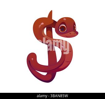 Dollarzeichen als süße Schlangenfigur Kinder Tieralphabet, lustige Zoo Maskottchen Schriftart. Kinderschriftglyphe, Zeichentrickglyphe abc für Kinder Educatio Stock Vektor