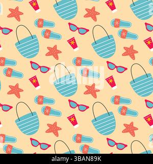 Strandurlaubsattribute auf nahtlosem Sandmuster. Sommer Hintergrund mit Strandtasche, Sonnenbrille, lsf Creme und Hausschuhen. Farbenfroher Druck, Vektor Stock Vektor