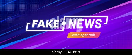 Fake News Banner mit leuchtendem Fake News Text und futuristischer Typografie. Das abstrakte Layout des Vektorhintergrunds weist diagonale Streifen in violett und blau mit Farbüberlagerungen und Rasterpunkten auf Stock Vektor
