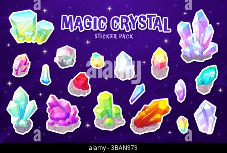 Magische Quarzkristalle und Edelsteinaufkleber. Cartoon Vektor Set von diy Flecken von Fantasy Mineralien, bunten leuchtenden Steinhaufen mit scharfen Stock Vektor