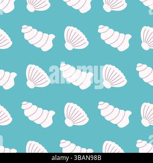 Muscheln auf blauem Wassergrund. Nahtloses nautisches Design. Sommer Strand mit ruhigem Muster, Vektorgrafik Stock Vektor