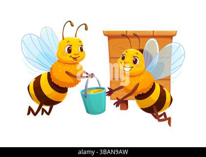 Die Honigbienenfigur kehrt mit vollem Eimer in den Holzstock zurück. Vektor fröhliches gelbes Insekt eine Ernte für eine andere Honigbiene in der Nähe des Bienenstocks mit lächelndem Gesicht weckt Teamarbeit und Bienenleben Stock Vektor