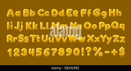 Gelbe Schriftart, Pinselbonbons. Englisches Alphabet und Nummernzeichen. Vektor Stock Vektor