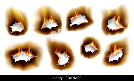 Realistische brennbare Papierlöcher mit Feuerflammen, mit braunen verkohlten Kanten und Brandeffekten. 3D-Vektorlücken mit glühenden Zungen auf dem Blatt. Zerrissene Ränder und zerrissene Rahmen isolierte Layouts Stock Vektor