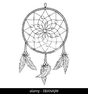 Vektorillustration eines esoterischen Traumfängers mit Federn und mystischem Perlenmuster. Hand gezeichnet in Schwarz-weiß für spirituelle Projekte Stock Vektor
