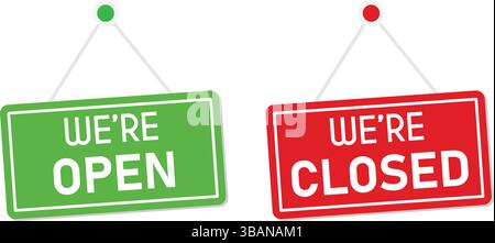 Dieses Vektorset verfügt über klassische Aufhängeschilder „Wir sind offen“ und „wir sind geschlossen“, perfekt für Ladenfronten, Cafés, Restaurants und kleine Unternehmen. Stock Vektor
