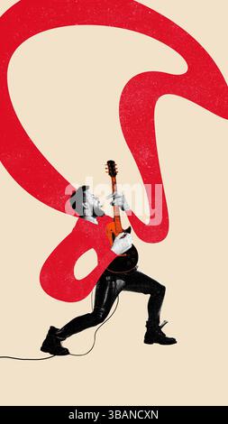 Mann in rotem Outfit, der elektrische Gitarre spielt Stockfoto