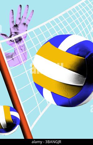 Poster. Konzeptuelle Kunstcollage. Nahaufnahme des Volleyballspiegels am Netz mit violetter Hand und blauem Hintergrund. Lebendiger Pop-Art-Stil. Stockfoto