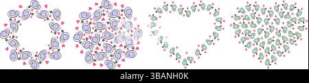 Schmetterlings- und Herzform Kreis- und Herzform Lavendel- oder Grüner Rahmen und großes Set. Isolierte Vektor-Illustration thematische Frühlings- oder Sommerkarten Broschüre, Banner, Grüße, Preis oder Web-Promo Stock Vektor