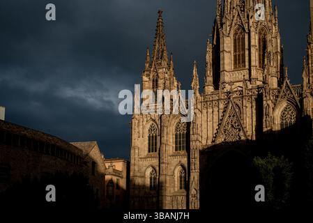 Die Kathedrale von Barcelona wird von dramatischem Sonnenlicht unter dunklen Sturmwolken beleuchtet, gotische Architektur erhebt sich über dem historischen Stadtzentrum von Barcelona. Stockfoto