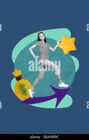 Abstrakte Plakatcollage einer Person, die unter der Hand mit unordentlichen Linien geflogen ist Stockfoto