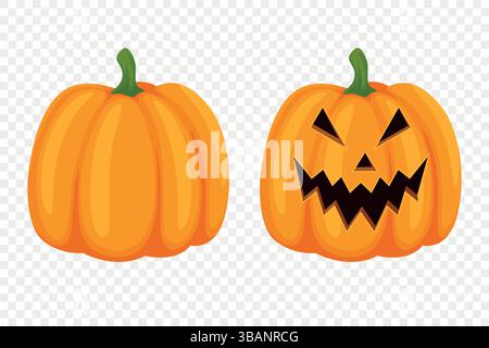 Vector Cartoon Pumpkins Kollektion mit geschnitzten Gesichtern. Flaches Set Mit Bunten Kürbis-Stickern. Designvorlagen für Halloween, Herbst, Ernte. Süß und lustig Stock Vektor