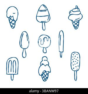 Handgezeichnetes Eis-Doodle-Set Hintergrund mit blauem Schriftzug. Vektor-Illustration mit verschiedenen Eiskegeln und Eis, perfekt für Summe Stock Vektor
