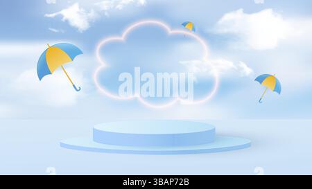 Zylindrisches Podium zur Präsentation von Produkten während der Regenzeit. Design mit realistischen Wolken und farbenfrohen Regenschirmen. Für Text in Form eines s platzieren Stock Vektor