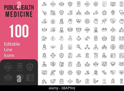 Sammlung Von Modernen Dünnen Linien Stil Icons Set Von Public Health Medizin Verwandte Hygiene, Pflege, Versicherung Und Mehr Vektor-Illustration Stock Vektor