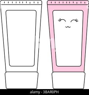 Cremeflasche isoliert. Vektorgrafik-Strichdarstellung. Schwarz-weiße Kawaii-Ikone. Niedliche lustige Gesichtspflege Kosmetikprodukte. Für Paket, Urlaub Stock Vektor