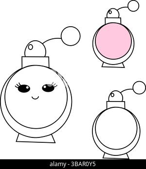 Parfümflaschen isoliert. Vektorgrafik-Strichdarstellung. Schwarz-weiße Kawaii-Ikone. Illustration für Paket, Urlaubsdesign, Stoff und Textil Stock Vektor