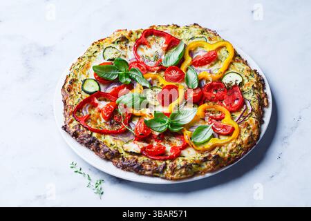 Pflanzliche Pizza auf Zucchini-Kruste mit Gemüse und veganem Mozzarella. Stockfoto