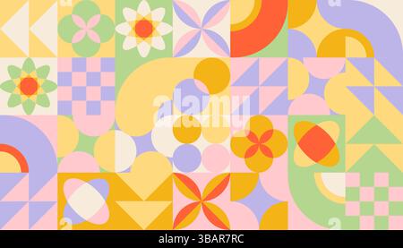 Fliesenset mit geometrischem Muster – abstraktes Mosaik farbenfroher Formen im Bauhaus-Stil. Kreise und Quadrate, Dreiecke und Blumen bilden nahtlose hintergrundbilder Stock Vektor