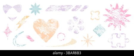 Strukturierte Stempel in Pastellfarben - Herzen, Blumen, Sterne, Blitze und abstrakte Formen. Retro-Designelemente mit Rauscheffekt, Di Stock Vektor