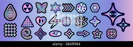 Y2K Holografie-Sticker-Pack – Ästhetische Kritzelsymbole im Stil der 90er Jahre mit leuchtenden Neonverläufen auf irisierenden Hintergrund. Geometrische Formen mit abstraktem e Stock Vektor