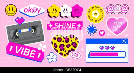Y2K Smile Aufkleber Pack in leuchtenden Neonfarben. Pixelsymbole, positive Sätze und Symbole in Retro-Ästhetik der 90er Jahre für trendiges Design mit nostalgischem Touch. Stock Vektor