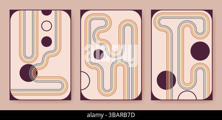 Retro-Banner-Set mit Regenbogenmuster. Vektor-Illustration von y2k ästhetischem Poster Hintergrund mit Farbbögen und Kreisen auf beigem Hintergrund, A Stock Vektor