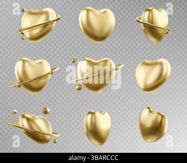 Golden Heart Kollektion auf transparentem Hintergrund. Glänzende goldene romantische Symbole, glänzende valentinsformen aus Metall. Polierte, luxuriöse Liebessymbole für Schmuck Stock Vektor