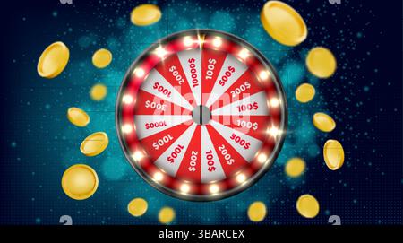 Casino-Raddrehung mit fliegenden Münze - Glücksspielgerät. Rote und weiße Sektoren mit Preisbeträgen, glänzender Metallrahmen, Gewinnchance-Drehkugelumrandung Stock Vektor