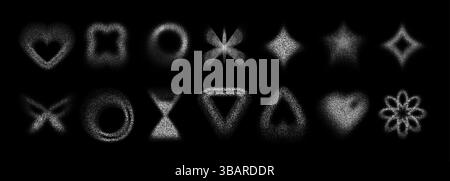 y2k gepunktete Symbole in Rauschform – Herz und Schmetterling, Kreise und Dreiecke, Sterne und Sanduhr. Körniges Sandspray in Trübung geriebenes Grunge staubig gesprenkelt Stock Vektor