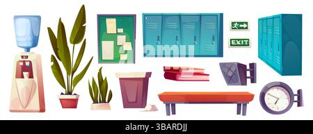 Innenausstattung des Schulkorridors - Schließfächer für Schüler, Ausgang mit Pfeilschild und Uhr, Wasserspender und Blumen in Töpfen, Pinnwand und Bank. Flur Stock Vektor