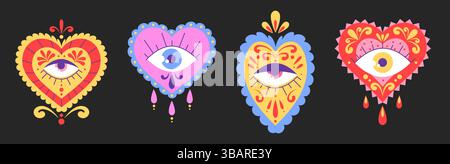 Mexikanische heilige Herzen mit offenem Auge - farbenfrohe gelbe, rosa und rote Liebessymbole, die mit verzierten Blumenmustern verziert sind. Mystischer Vektor Stock Vektor