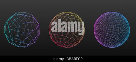 DOT Sphere Collection – Partikelkugel auf Schwarz. Bunte polygonale Drahtmodellkugeln und dreieckige Facettenkugeln. Geometrische 3D-Netze mit Linien und Stock Vektor