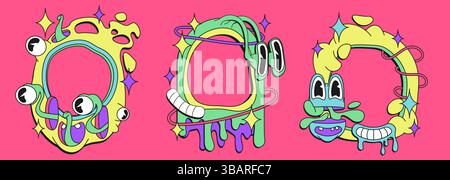 Psychedelische, groovige Rahmen aus den 70er Jahren - bunte, schmelzende, mit Augen und Lächeln verzierte Formen, Sterne und wellige Formen. Flippiger Tripp Stock Vektor